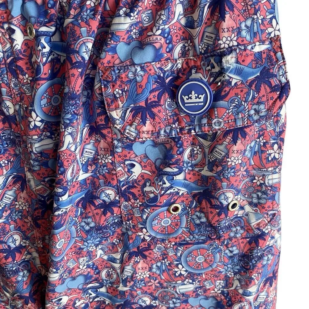 Peter Millar Swim Trunks Men's Medium Seaside Pink Blue Lined Shorts 8
